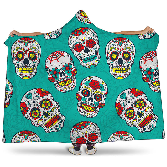 Teal Sugar Skull Pattern Print Hooded Blanket
