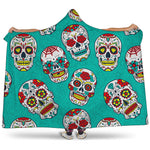 Teal Sugar Skull Pattern Print Hooded Blanket
