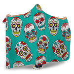 Teal Sugar Skull Pattern Print Hooded Blanket
