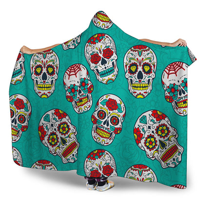Teal Sugar Skull Pattern Print Hooded Blanket