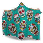 Teal Sugar Skull Pattern Print Hooded Blanket