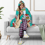 Teal Sugar Skull Pattern Print Hooded Blanket
