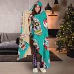 Teal Sugar Skull Pattern Print Hooded Blanket