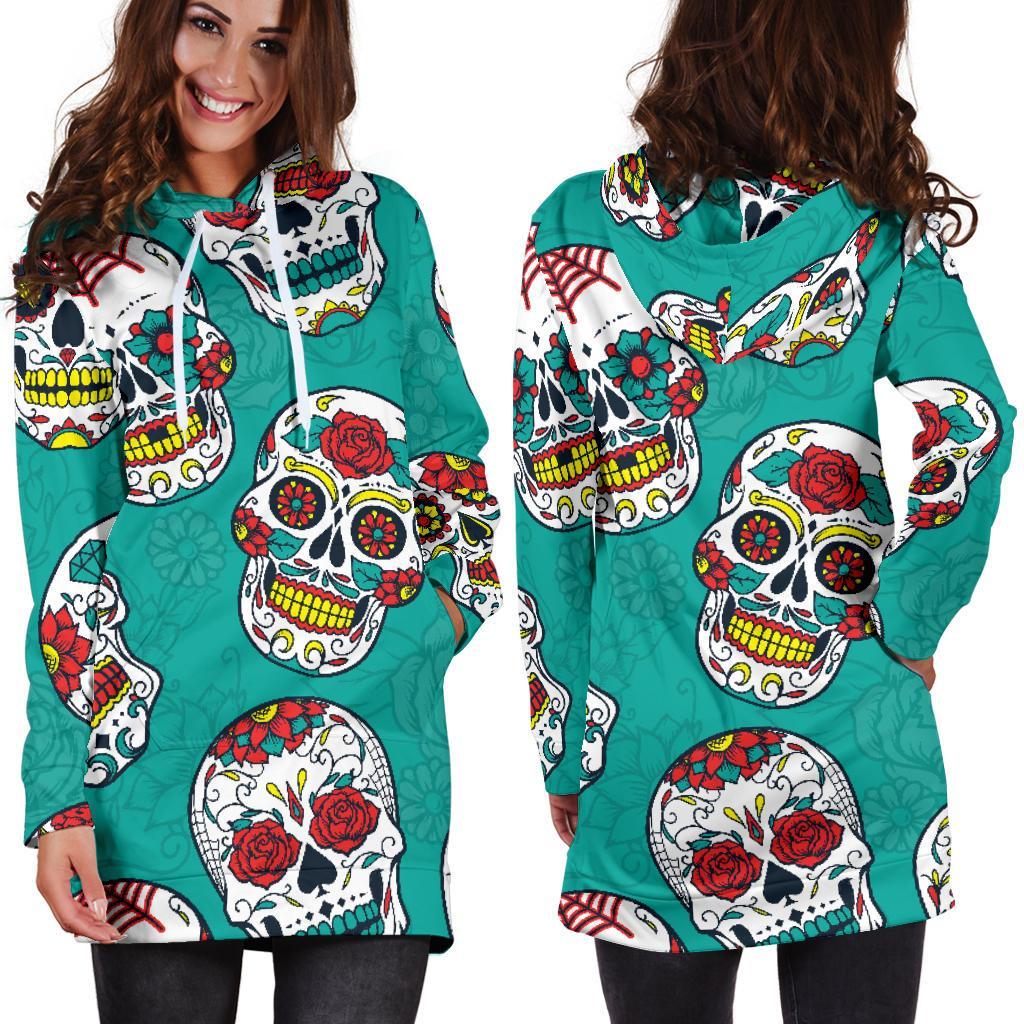 Teal Sugar Skull Pattern Print Hoodie Dress GearFrost