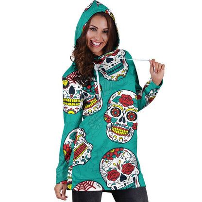 Teal Sugar Skull Pattern Print Hoodie Dress GearFrost