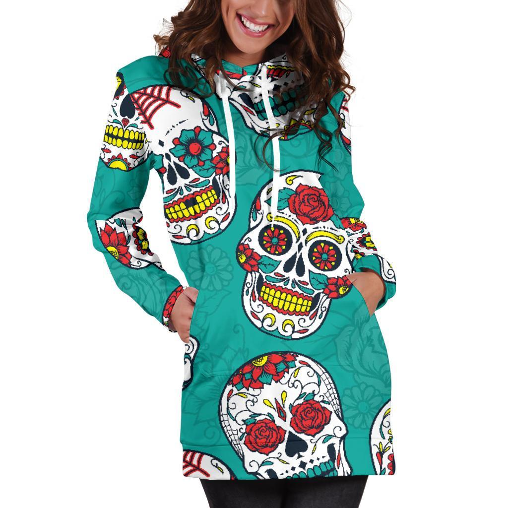 Teal Sugar Skull Pattern Print Hoodie Dress GearFrost