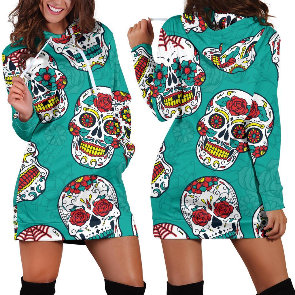 Teal Sugar Skull Pattern Print Hoodie Dress GearFrost