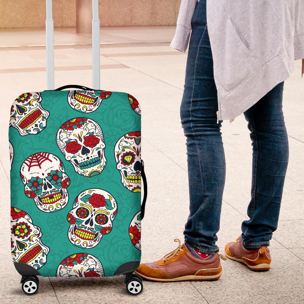 Teal Sugar Skull Pattern Print Luggage Cover GearFrost