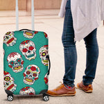 Teal Sugar Skull Pattern Print Luggage Cover GearFrost