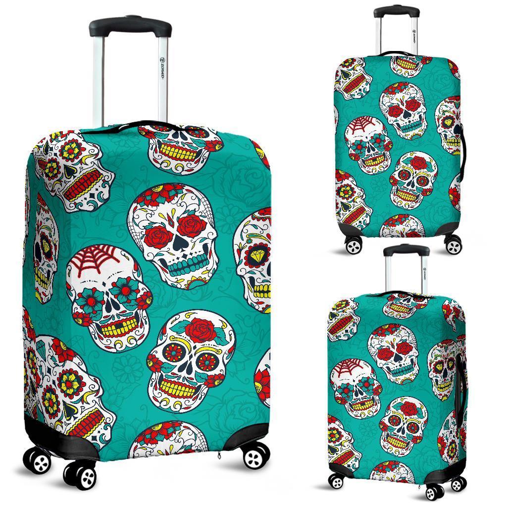 Teal Sugar Skull Pattern Print Luggage Cover GearFrost