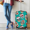 Teal Sugar Skull Pattern Print Luggage Cover