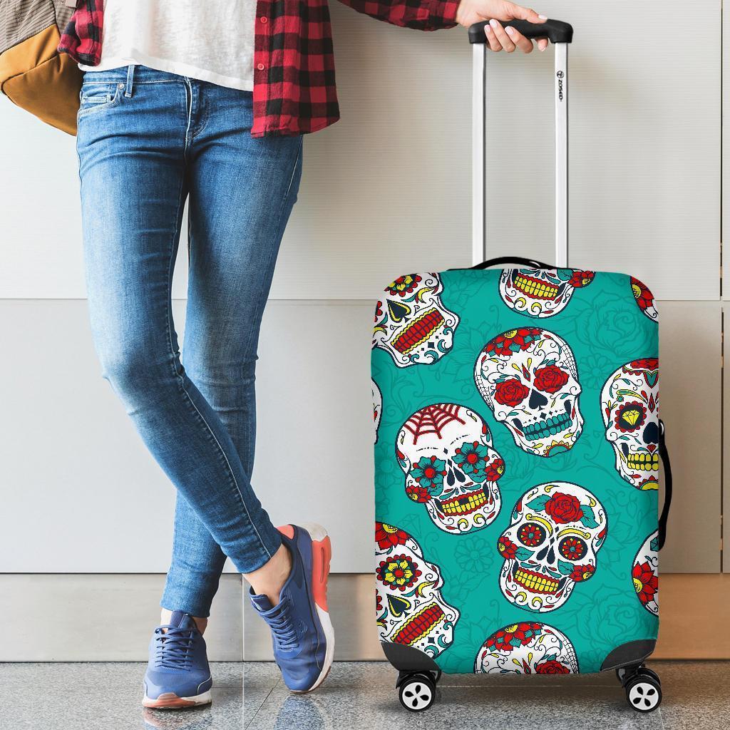 Teal Sugar Skull Pattern Print Luggage Cover GearFrost