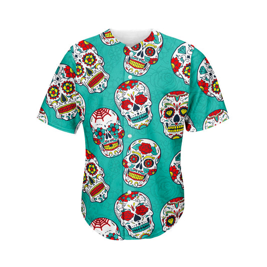 Teal Sugar Skull Pattern Print Men's Baseball Jersey