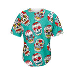 Teal Sugar Skull Pattern Print Men's Baseball Jersey