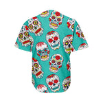 Teal Sugar Skull Pattern Print Men's Baseball Jersey