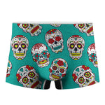 Teal Sugar Skull Pattern Print Men's Boxer Briefs