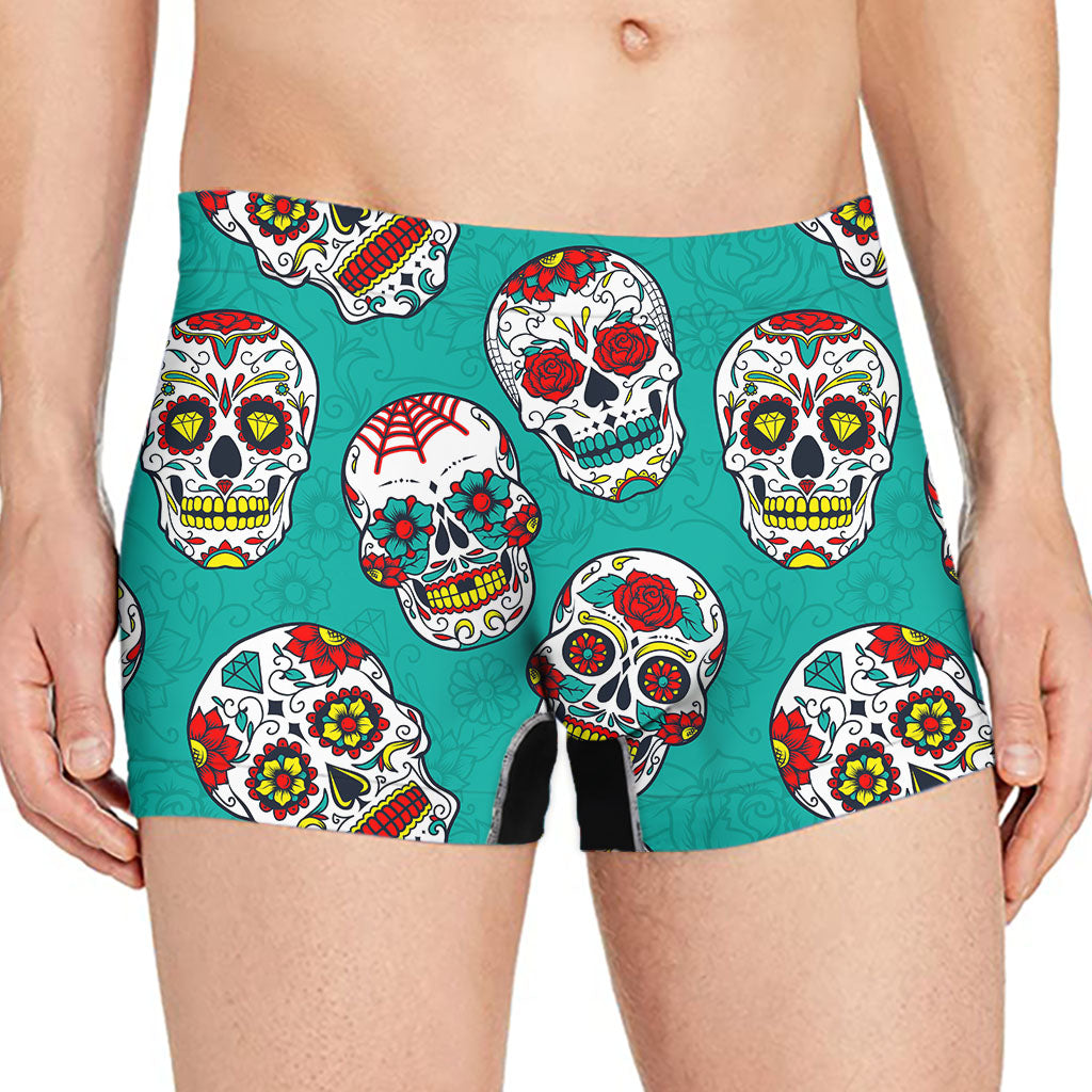 Teal Sugar Skull Pattern Print Men's Boxer Briefs