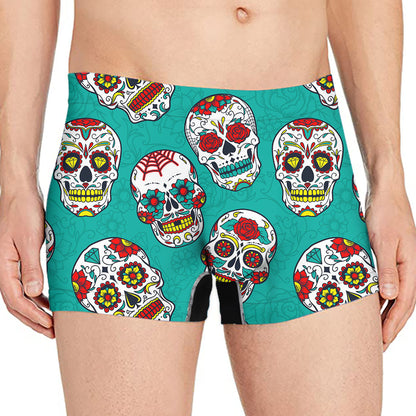 Teal Sugar Skull Pattern Print Men's Boxer Briefs