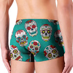 Teal Sugar Skull Pattern Print Men's Boxer Briefs