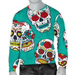 Teal Sugar Skull Pattern Print Men's Crewneck Sweatshirt GearFrost
