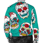 Teal Sugar Skull Pattern Print Men's Crewneck Sweatshirt GearFrost