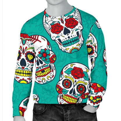Teal Sugar Skull Pattern Print Men's Crewneck Sweatshirt GearFrost