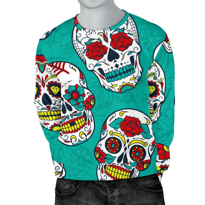 Teal Sugar Skull Pattern Print Men's Crewneck Sweatshirt GearFrost