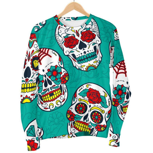 Teal Sugar Skull Pattern Print Men's Crewneck Sweatshirt GearFrost