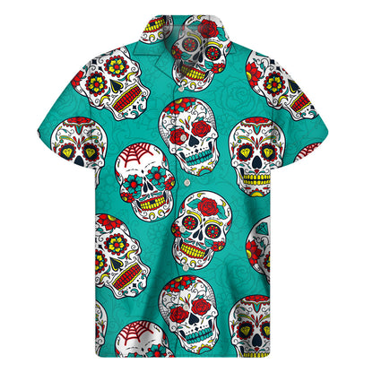 Teal Sugar Skull Pattern Print Men's Short Sleeve Shirt