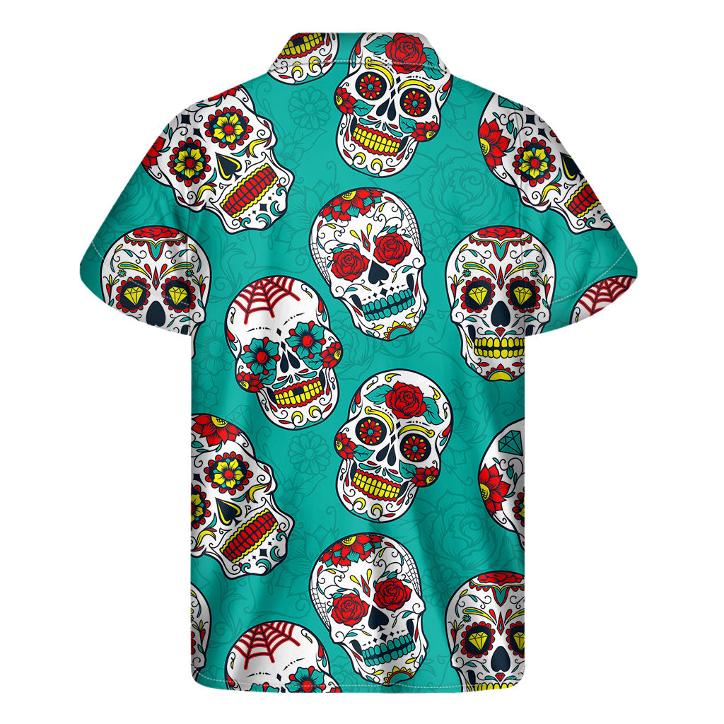 Teal Sugar Skull Pattern Print Men's Short Sleeve Shirt