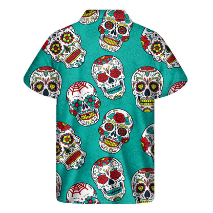 Teal Sugar Skull Pattern Print Men's Short Sleeve Shirt