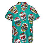 Teal Sugar Skull Pattern Print Men's Short Sleeve Shirt
