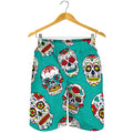Teal Sugar Skull Pattern Print Men's Shorts