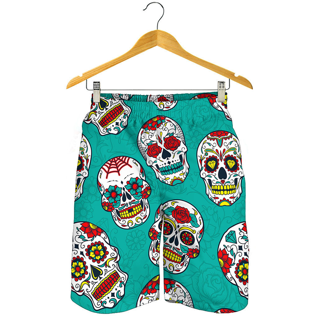 Teal Sugar Skull Pattern Print Men's Shorts