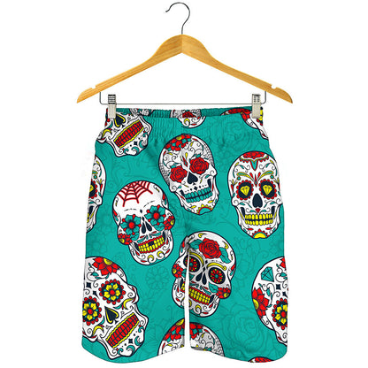 Teal Sugar Skull Pattern Print Men's Shorts