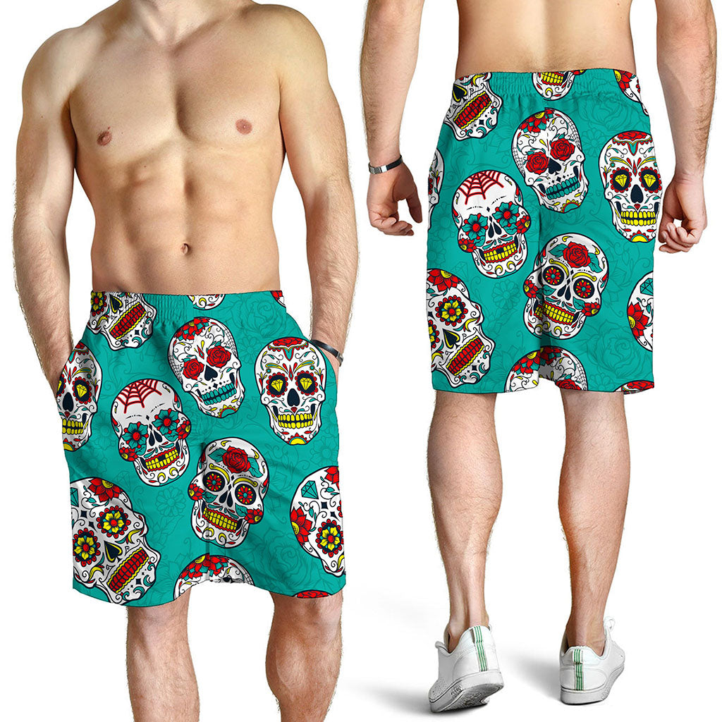 Teal Sugar Skull Pattern Print Men's Shorts