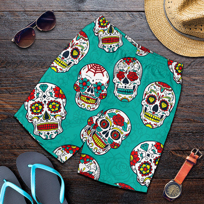 Teal Sugar Skull Pattern Print Men's Shorts