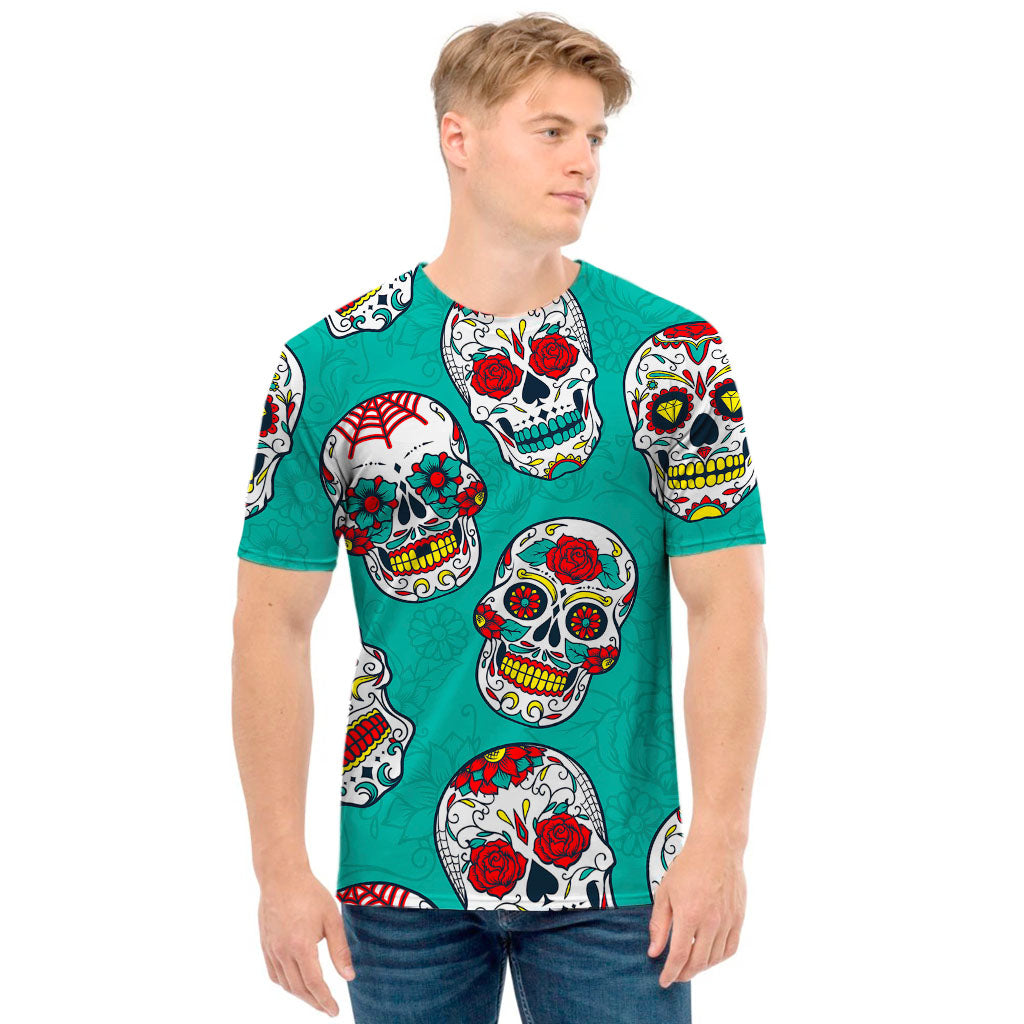 Teal Sugar Skull Pattern Print Men's T-Shirt