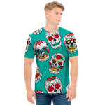 Teal Sugar Skull Pattern Print Men's T-Shirt