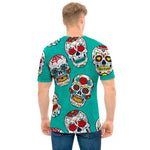 Teal Sugar Skull Pattern Print Men's T-Shirt