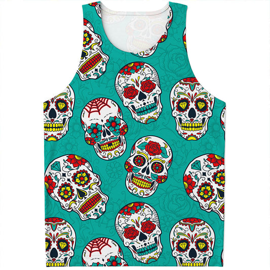 Teal Sugar Skull Pattern Print Men's Tank Top