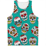 Teal Sugar Skull Pattern Print Men's Tank Top
