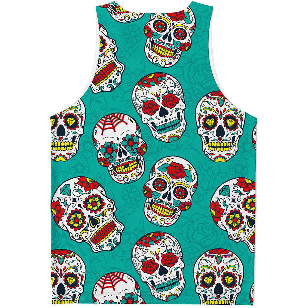 Teal Sugar Skull Pattern Print Men's Tank Top