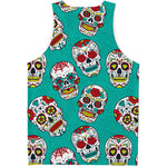 Teal Sugar Skull Pattern Print Men's Tank Top