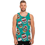 Teal Sugar Skull Pattern Print Men's Tank Top