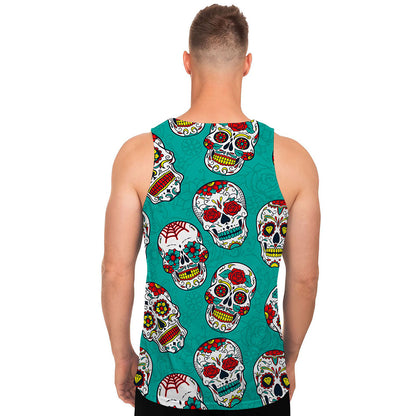 Teal Sugar Skull Pattern Print Men's Tank Top