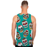 Teal Sugar Skull Pattern Print Men's Tank Top