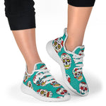 Teal Sugar Skull Pattern Print Mesh Knit Shoes GearFrost