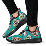 Teal Sugar Skull Pattern Print Mesh Knit Shoes GearFrost
