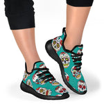 Teal Sugar Skull Pattern Print Mesh Knit Shoes GearFrost